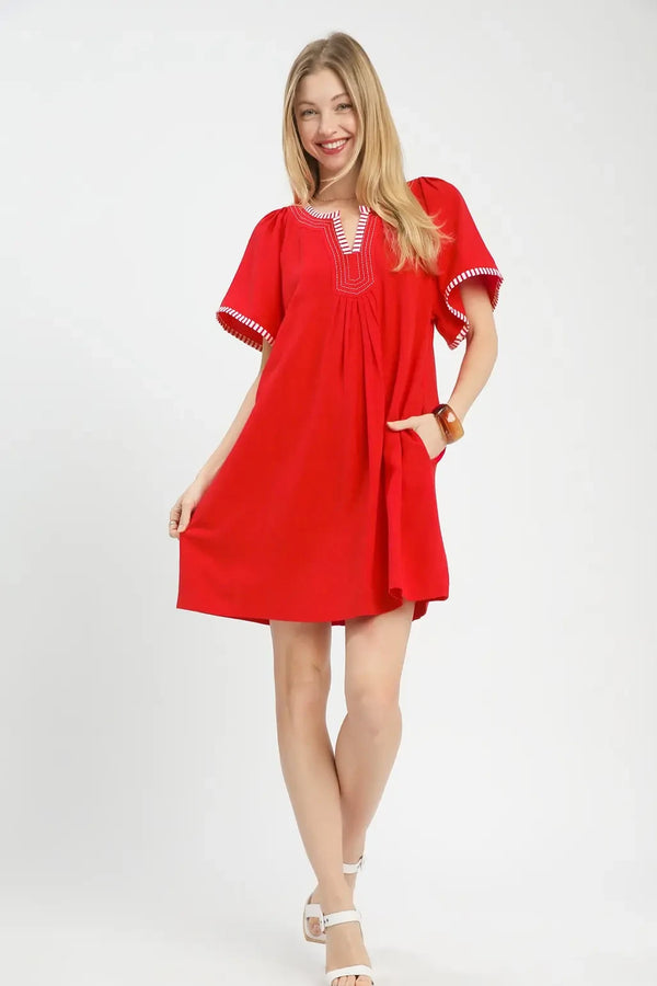 Linen Tunic Stripe Trim Dress | Red