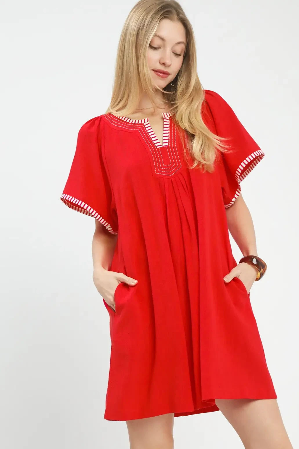 Linen Tunic Stripe Trim Dress | Red