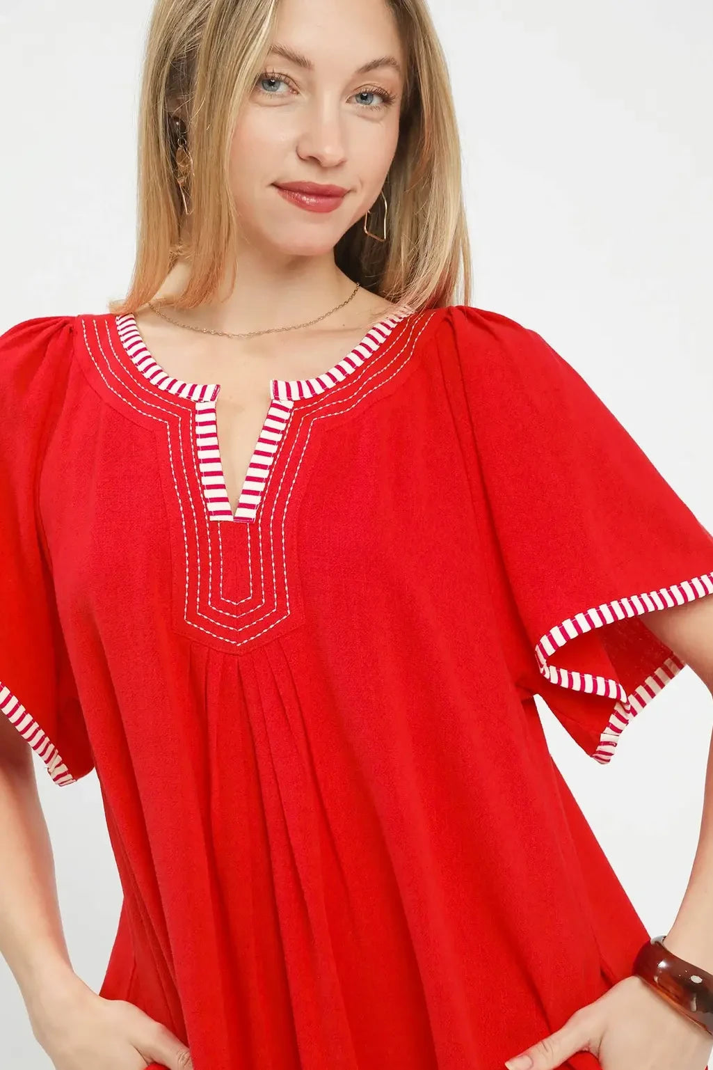 Linen Tunic Stripe Trim Dress | Red