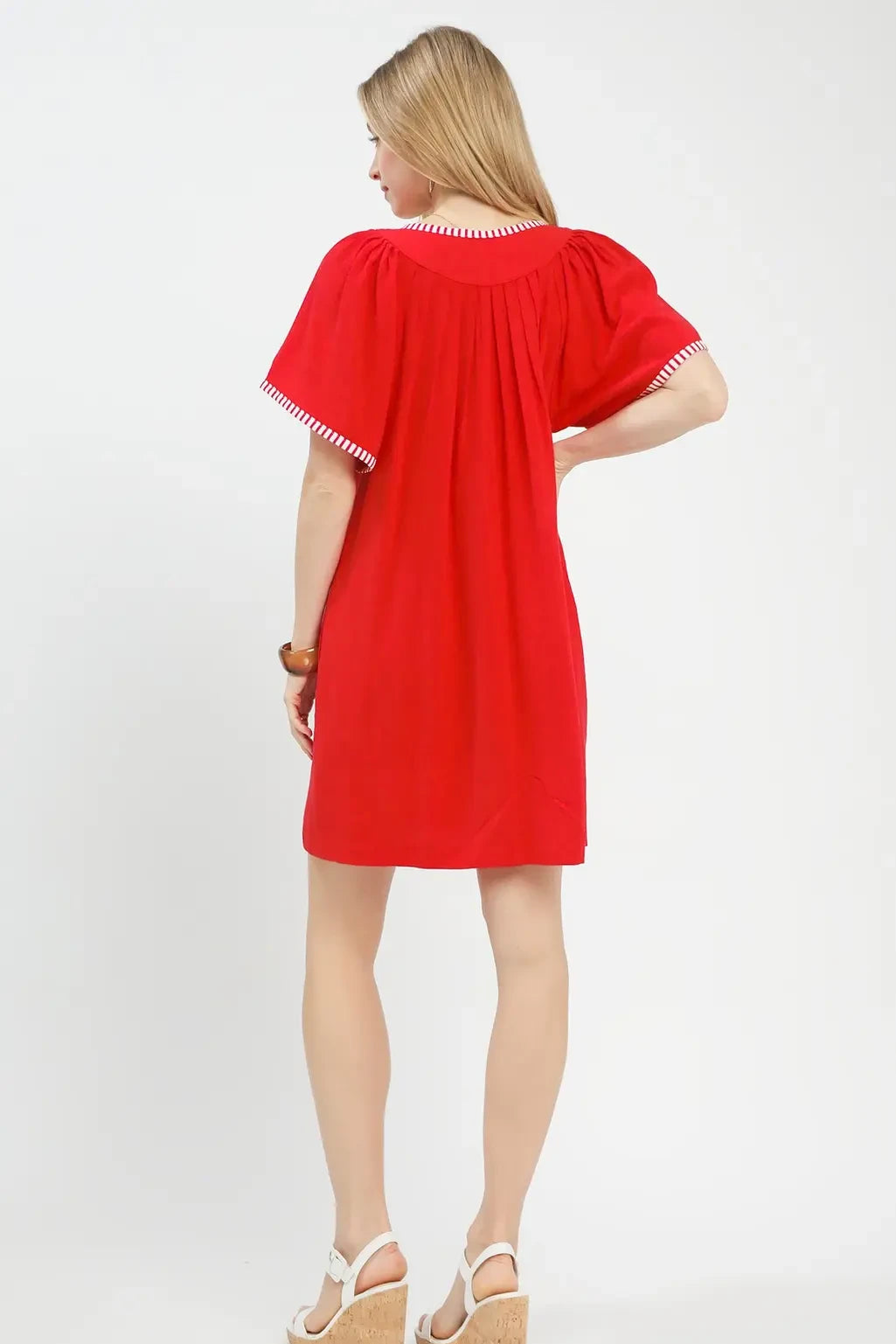Linen Tunic Stripe Trim Dress | Red