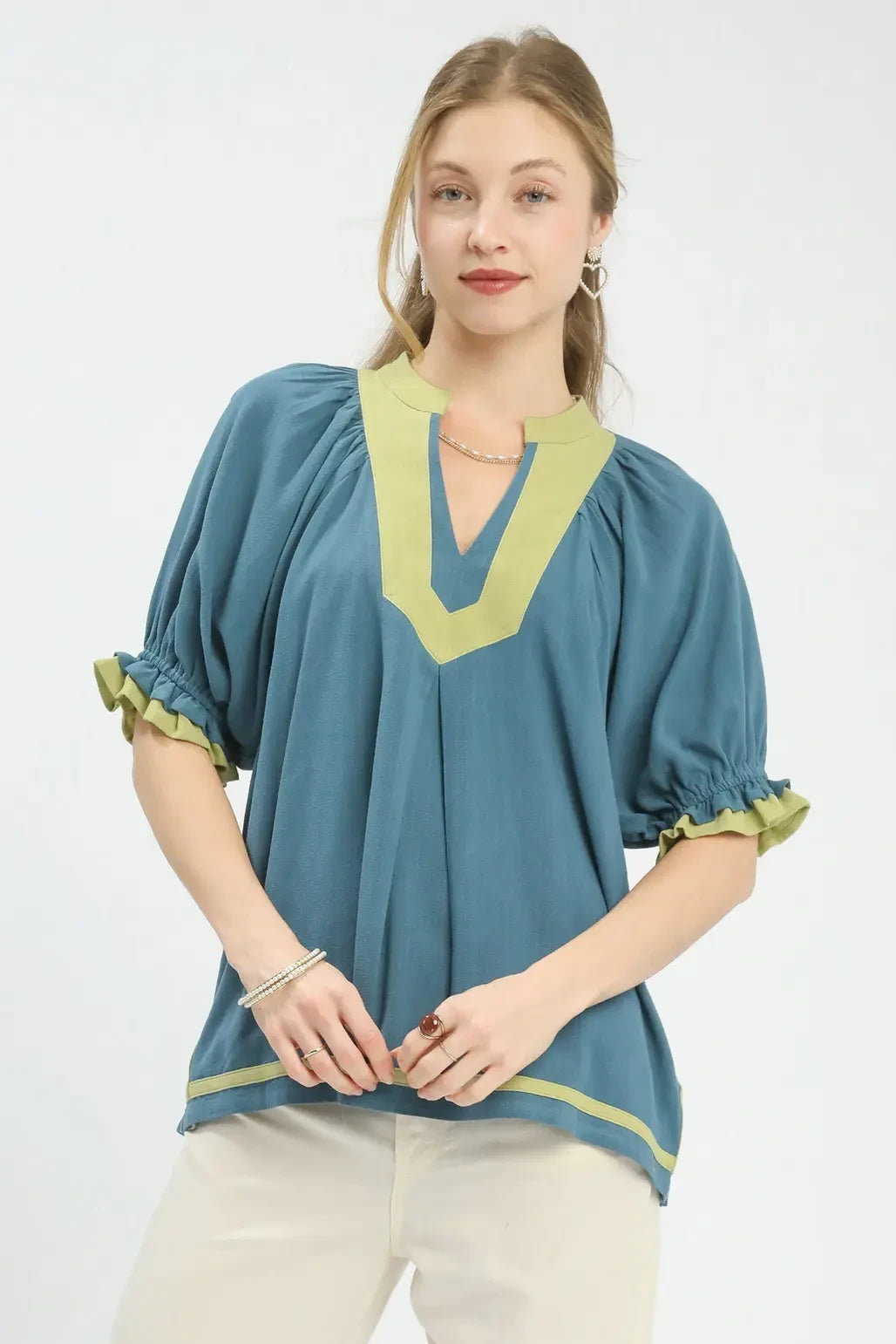 Linen Contrast Trim Babydoll Top | Lagoon