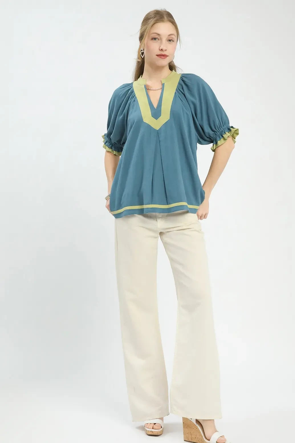 Linen Contrast Trim Babydoll Top | Lagoon