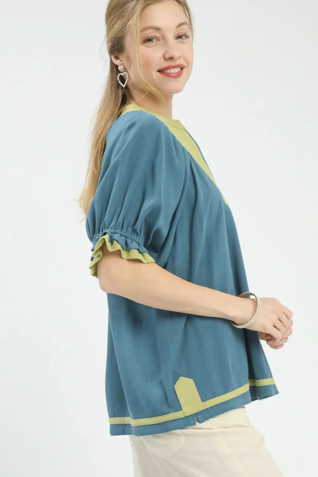 Linen Contrast Trim Babydoll Top | Lagoon