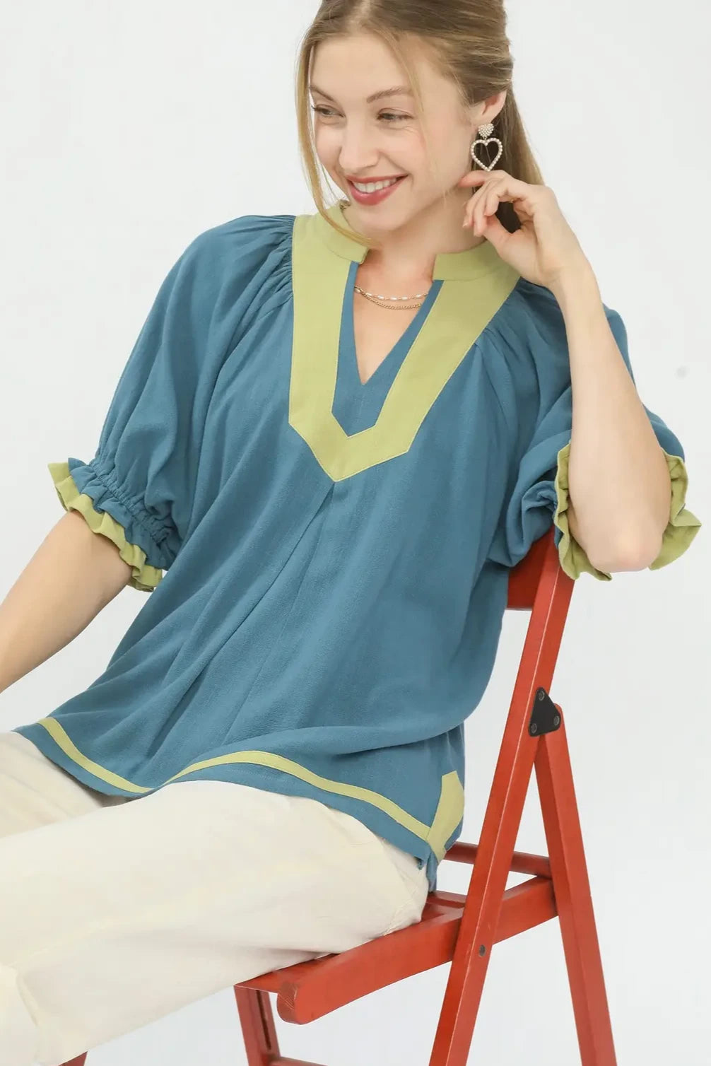Linen Contrast Trim Babydoll Top | Lagoon