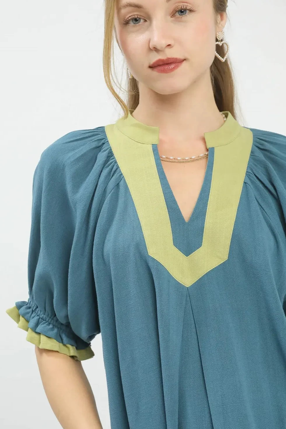 Linen Contrast Trim Babydoll Top | Lagoon