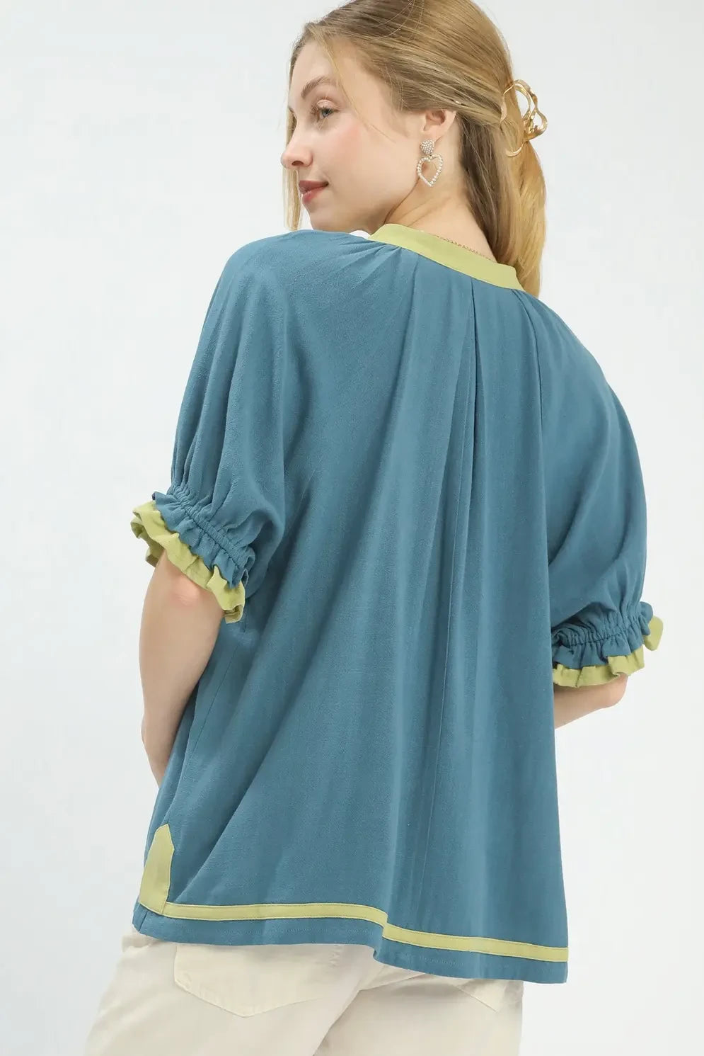 Linen Contrast Trim Babydoll Top | Lagoon