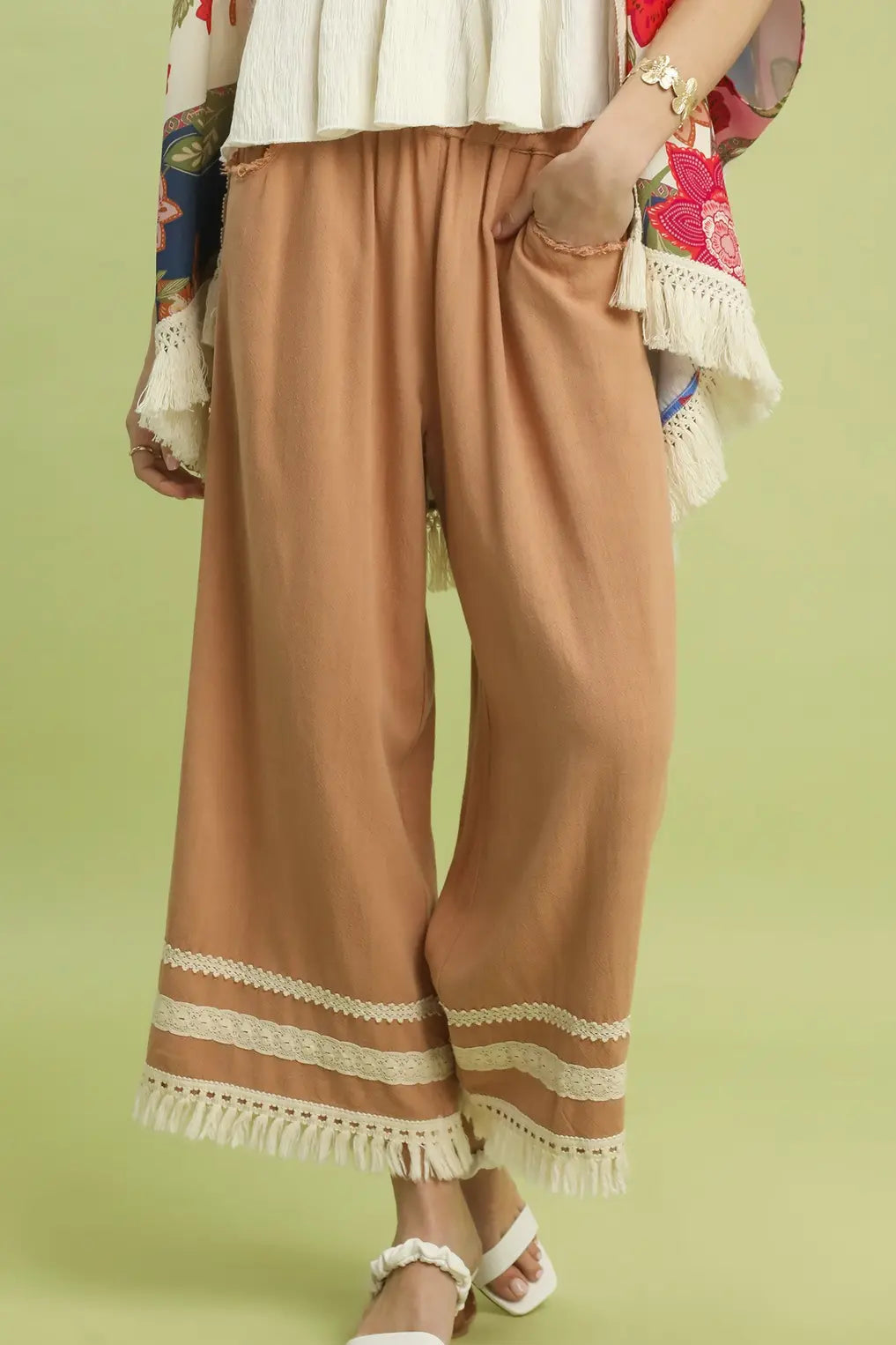 Lace Fringe Wide Leg Linen Blend Pants | Clay