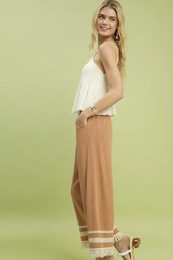 Lace Fringe Wide Leg Linen Blend Pants | Clay