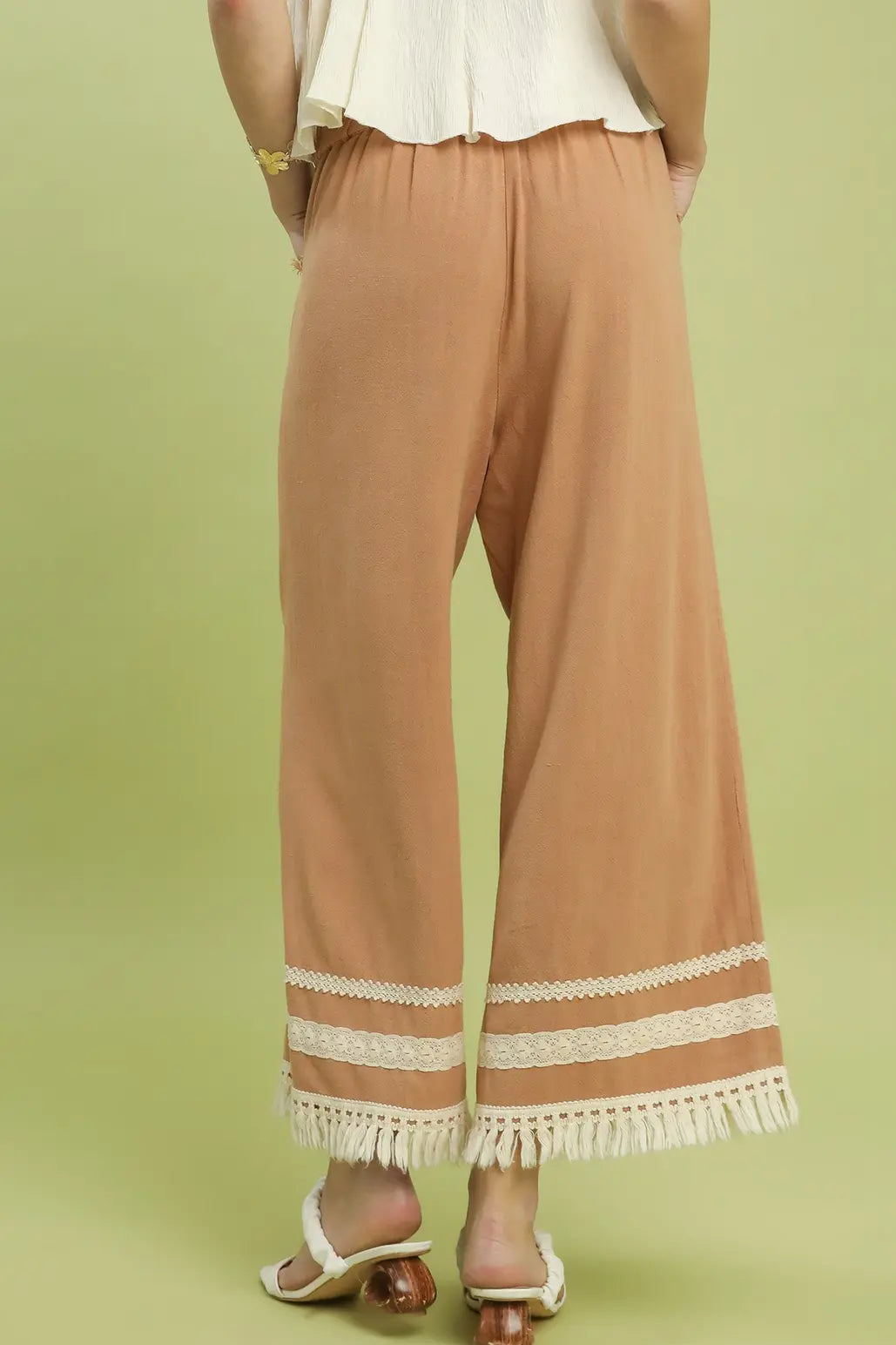 Lace Fringe Wide Leg Linen Blend Pants | Clay