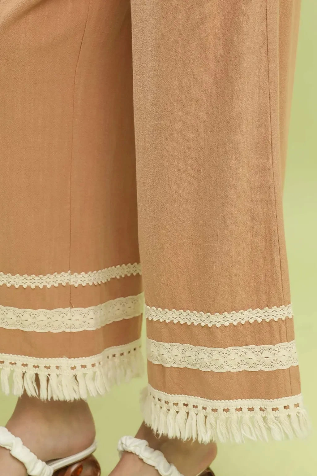 Lace Fringe Wide Leg Linen Blend Pants | Clay