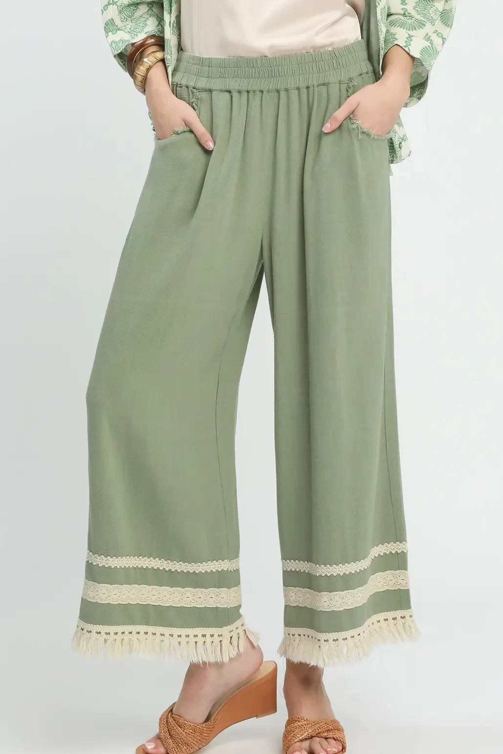 Lace Fringe Wide Leg Linen Blend Pants | Sage