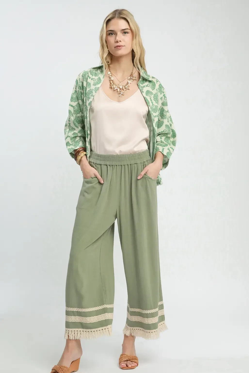 Lace Fringe Wide Leg Linen Blend Pants | Sage