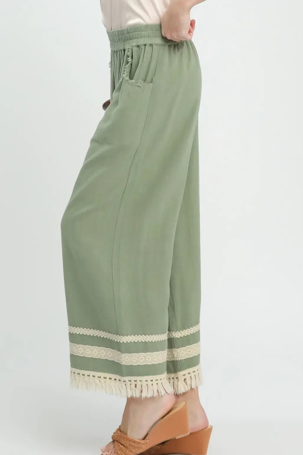 Lace Fringe Wide Leg Linen Blend Pants | Sage