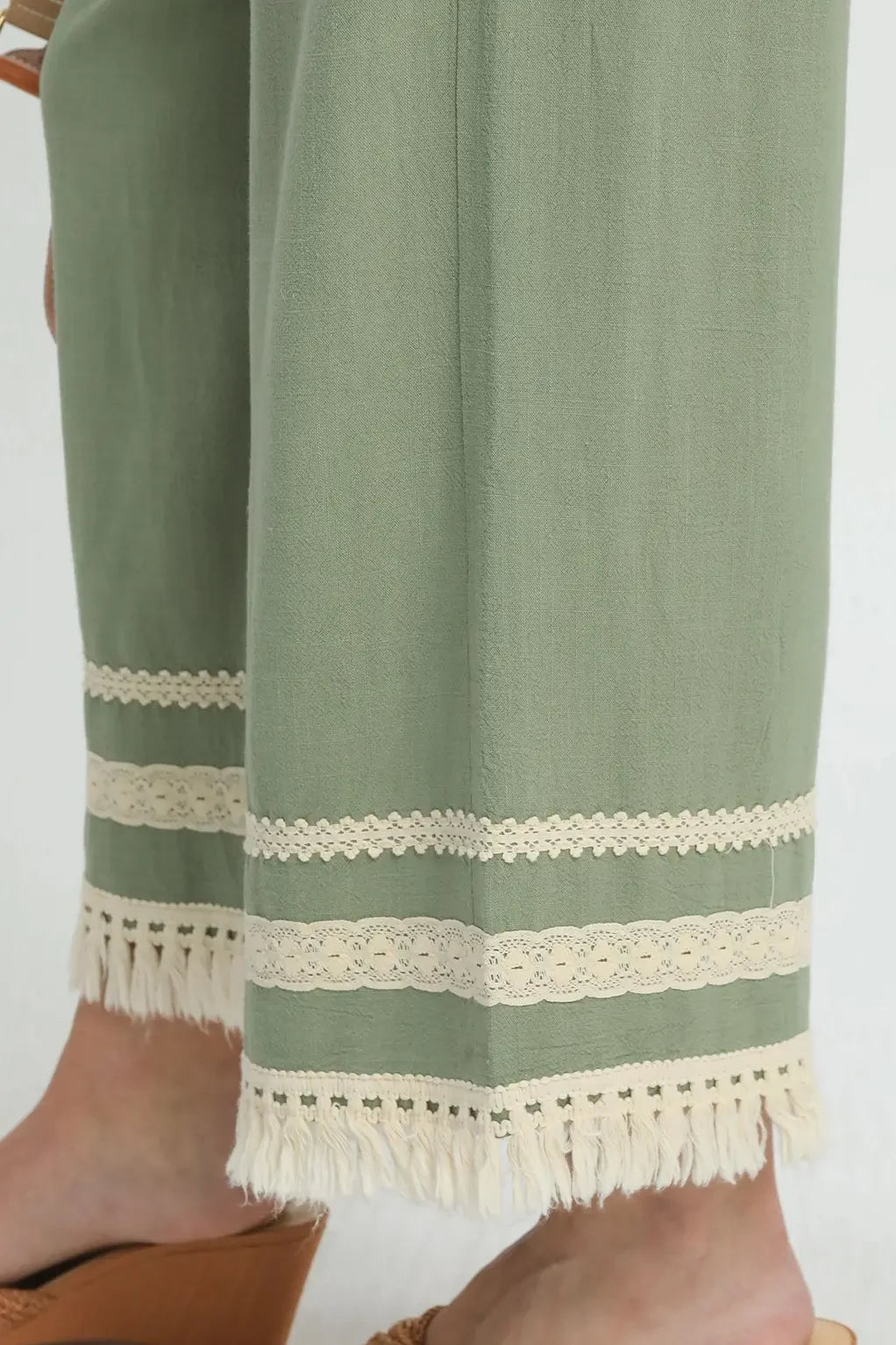 Lace Fringe Wide Leg Linen Blend Pants | Sage