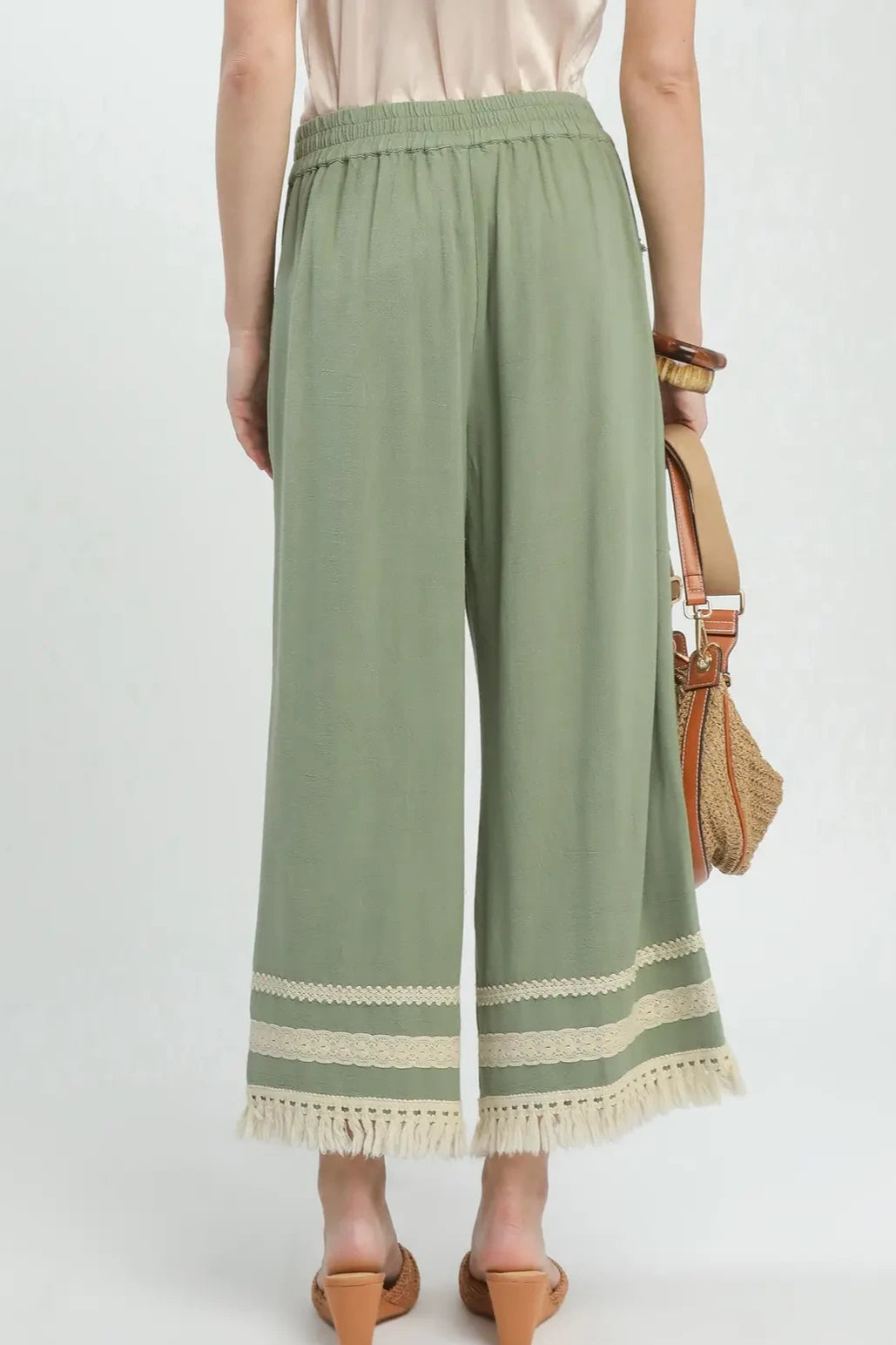 Lace Fringe Wide Leg Linen Blend Pants | Sage