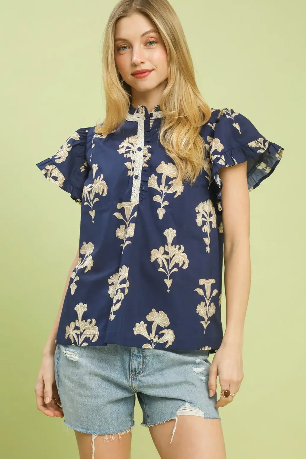 Floral Ruffle Sleeve Split Neck Top | Navy
