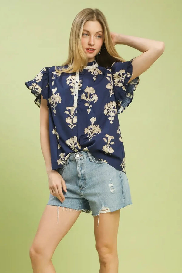 Floral Ruffle Sleeve Split Neck Top | Navy