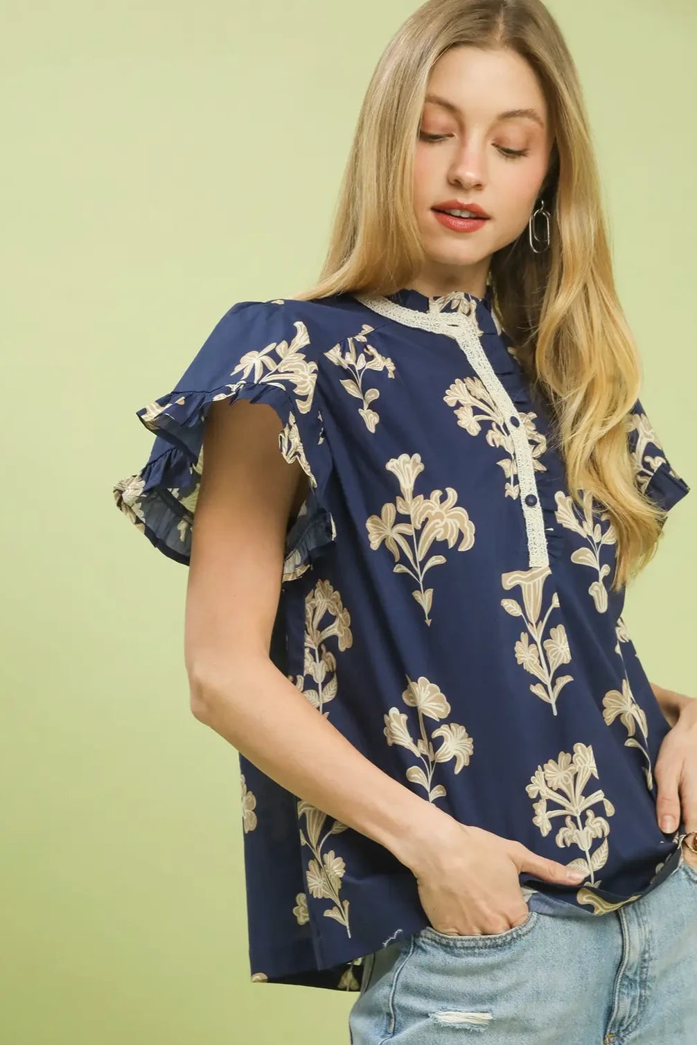 Floral Ruffle Sleeve Split Neck Top | Navy