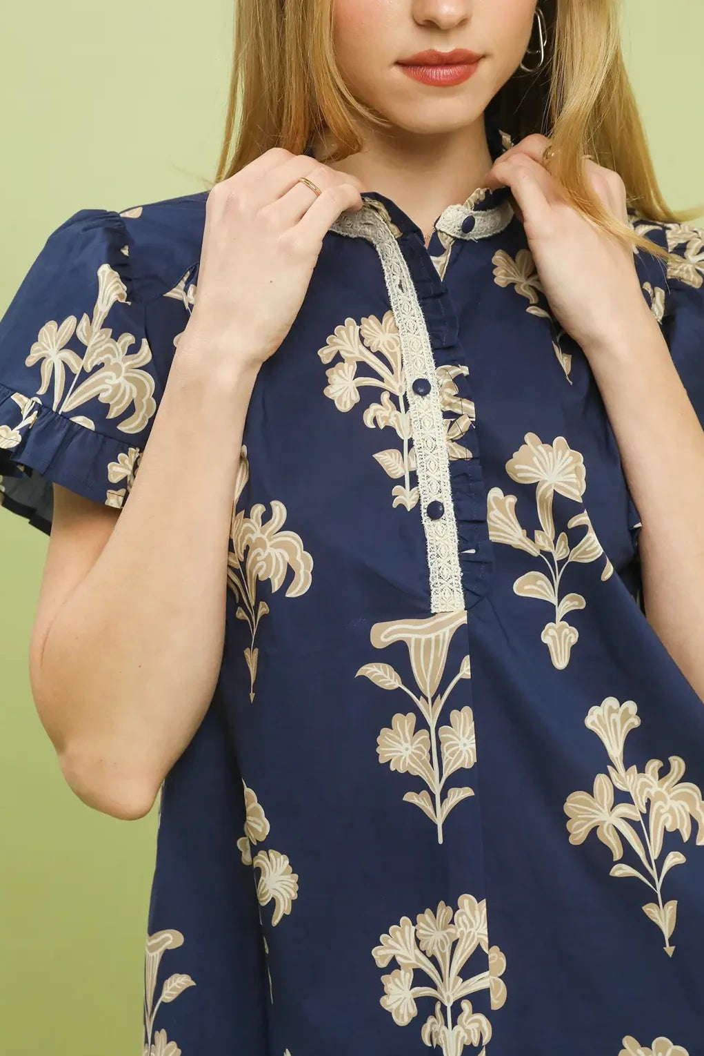 Floral Ruffle Sleeve Split Neck Top | Navy