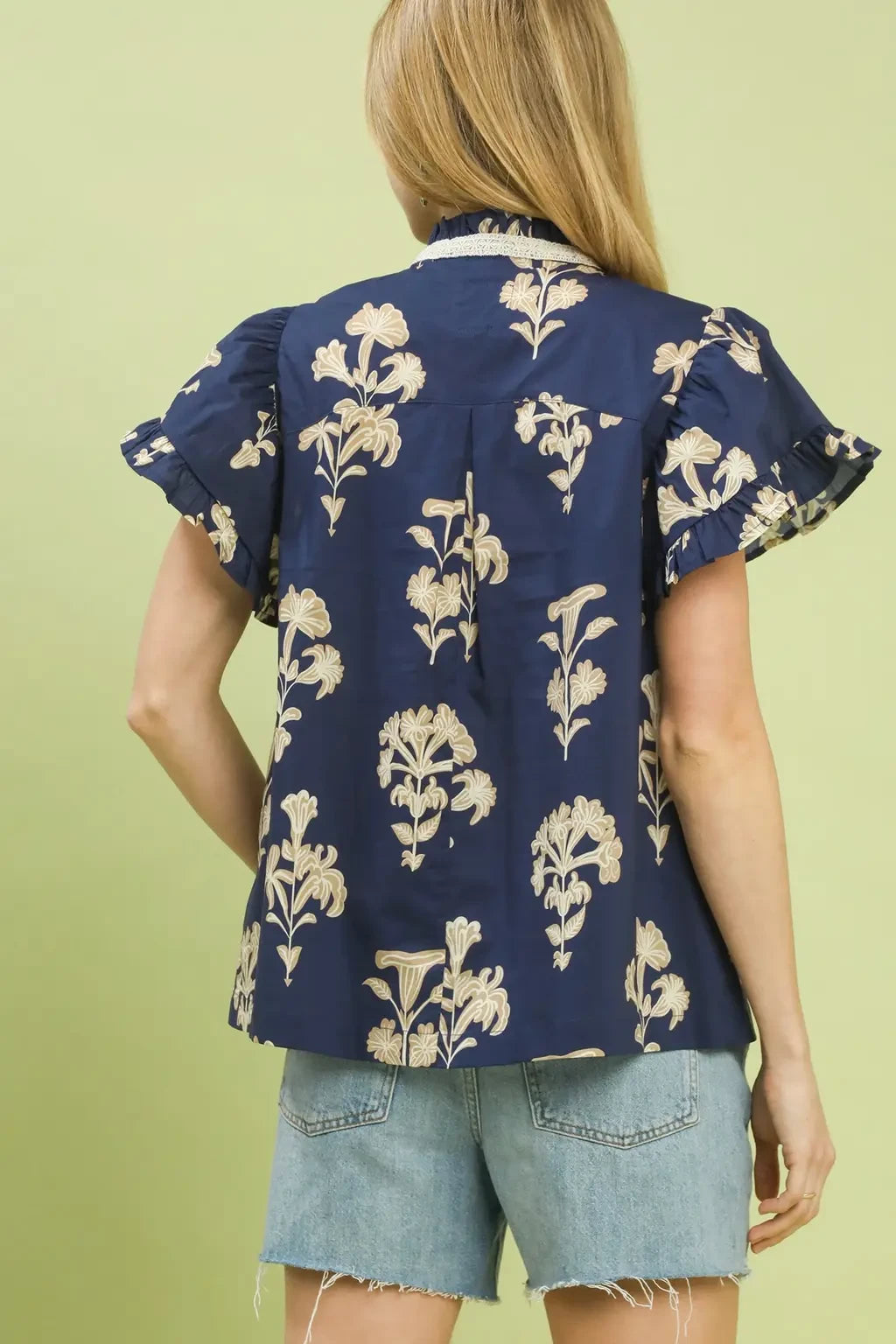 Floral Ruffle Sleeve Split Neck Top | Navy