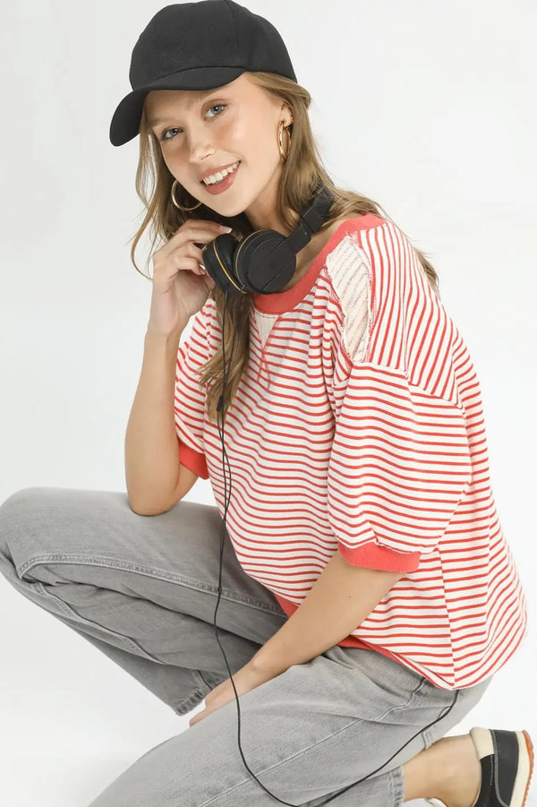 French Terry Striped Top | Coral Pink