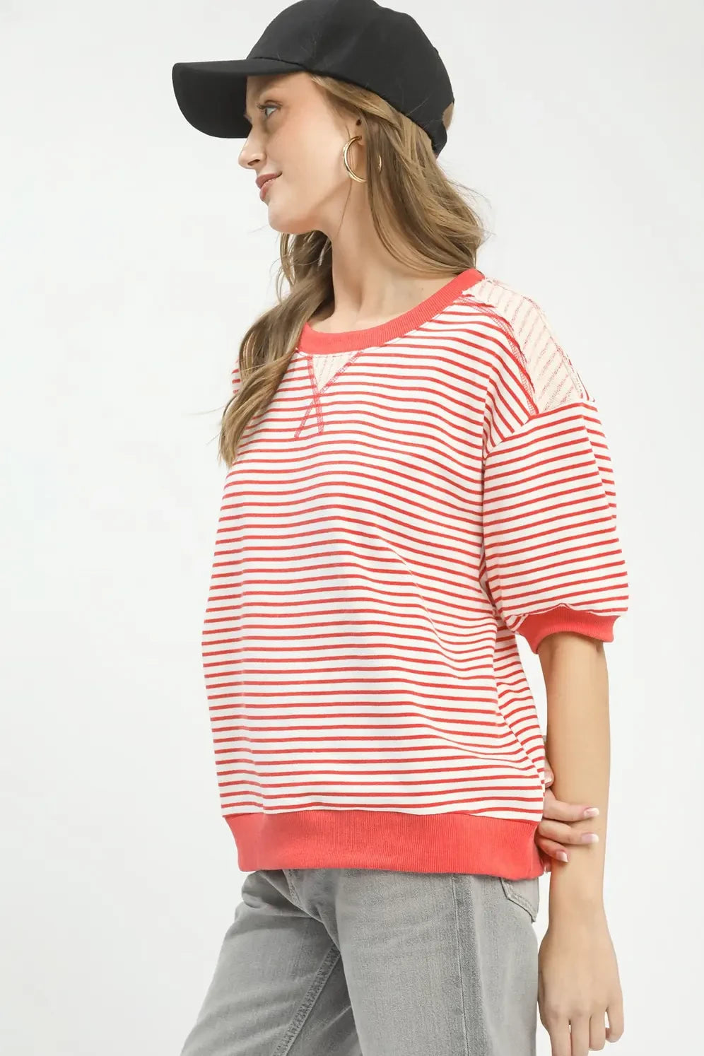 French Terry Striped Top | Coral Pink