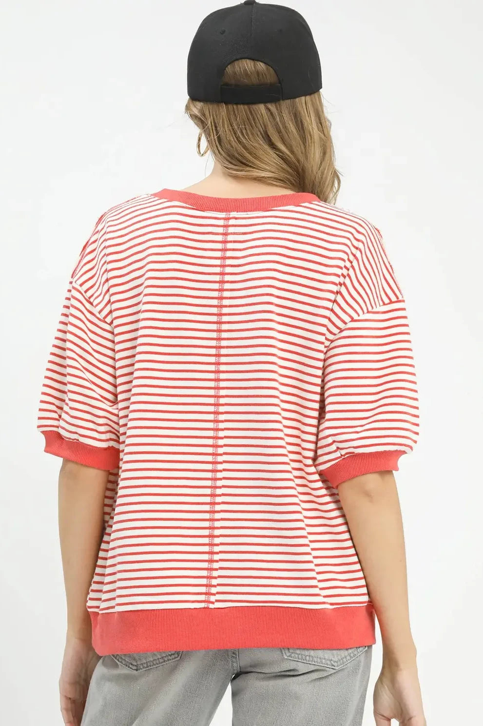 French Terry Striped Top | Coral Pink