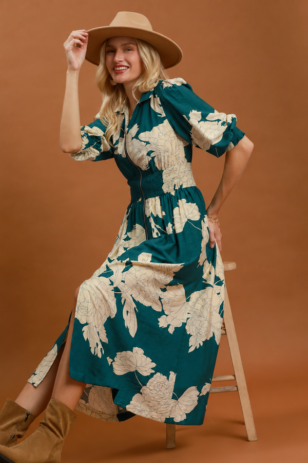 Floral Zip Up Midi Dress | Teal