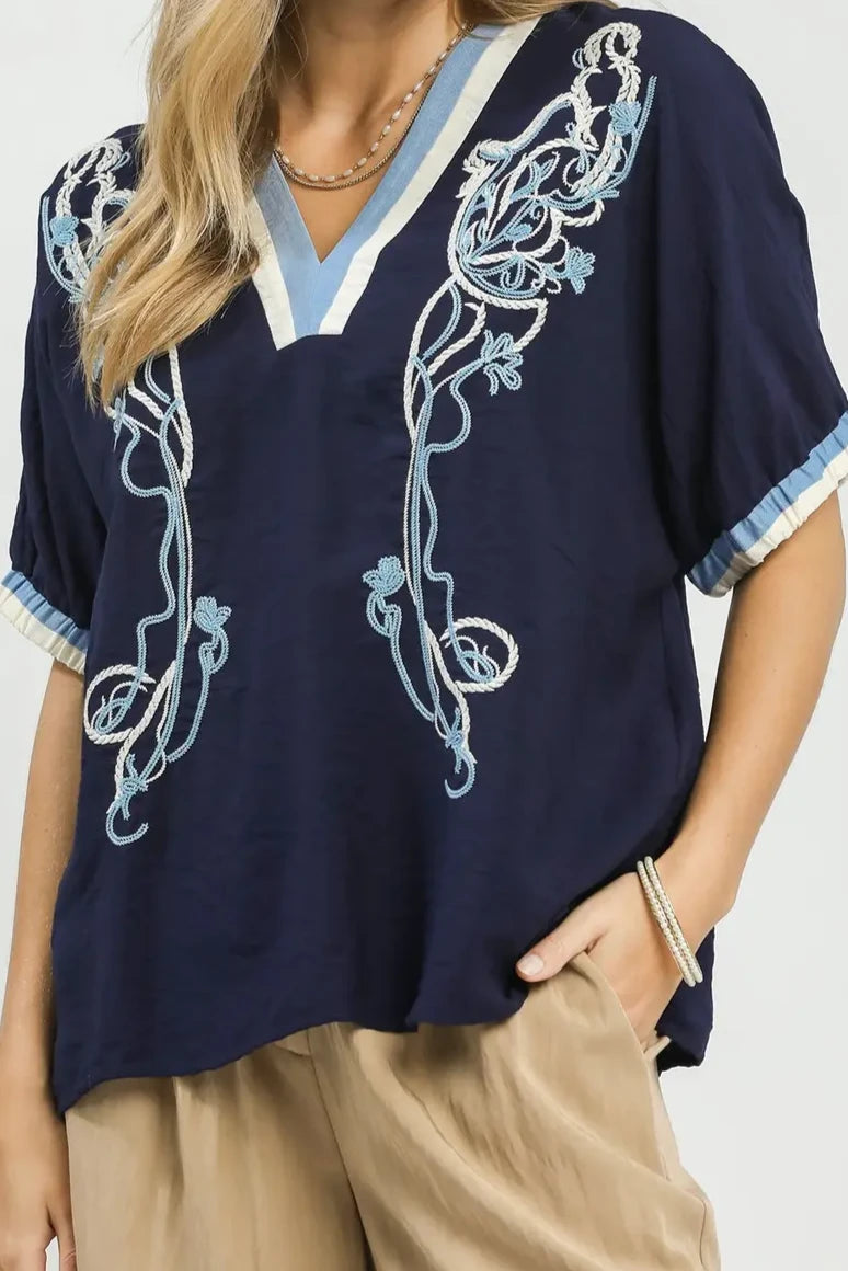 Embroidered Contrast Trim Flowy Top | Navy