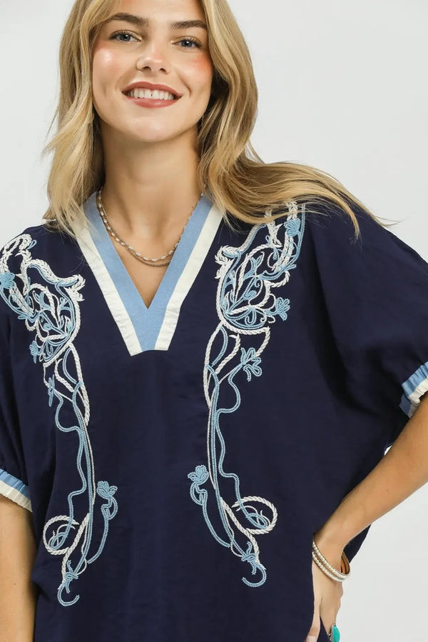 Embroidered Contrast Trim Flowy Top | Navy
