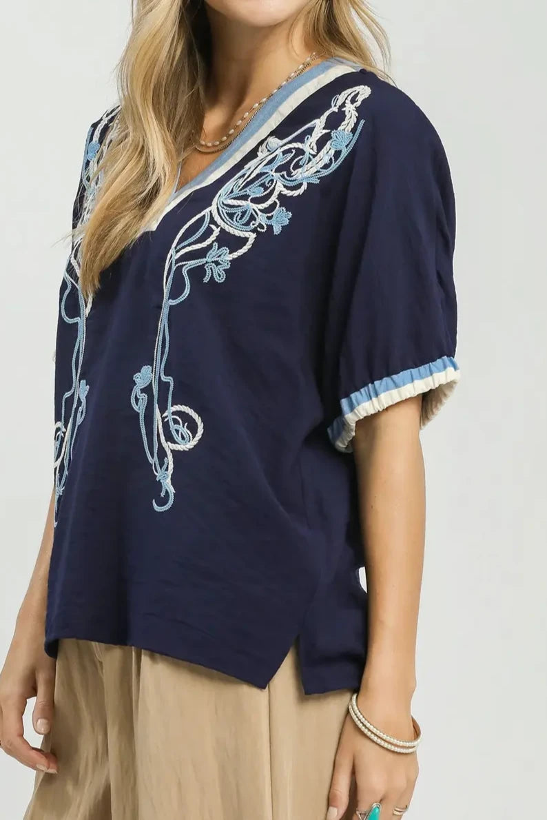Embroidered Contrast Trim Flowy Top | Navy