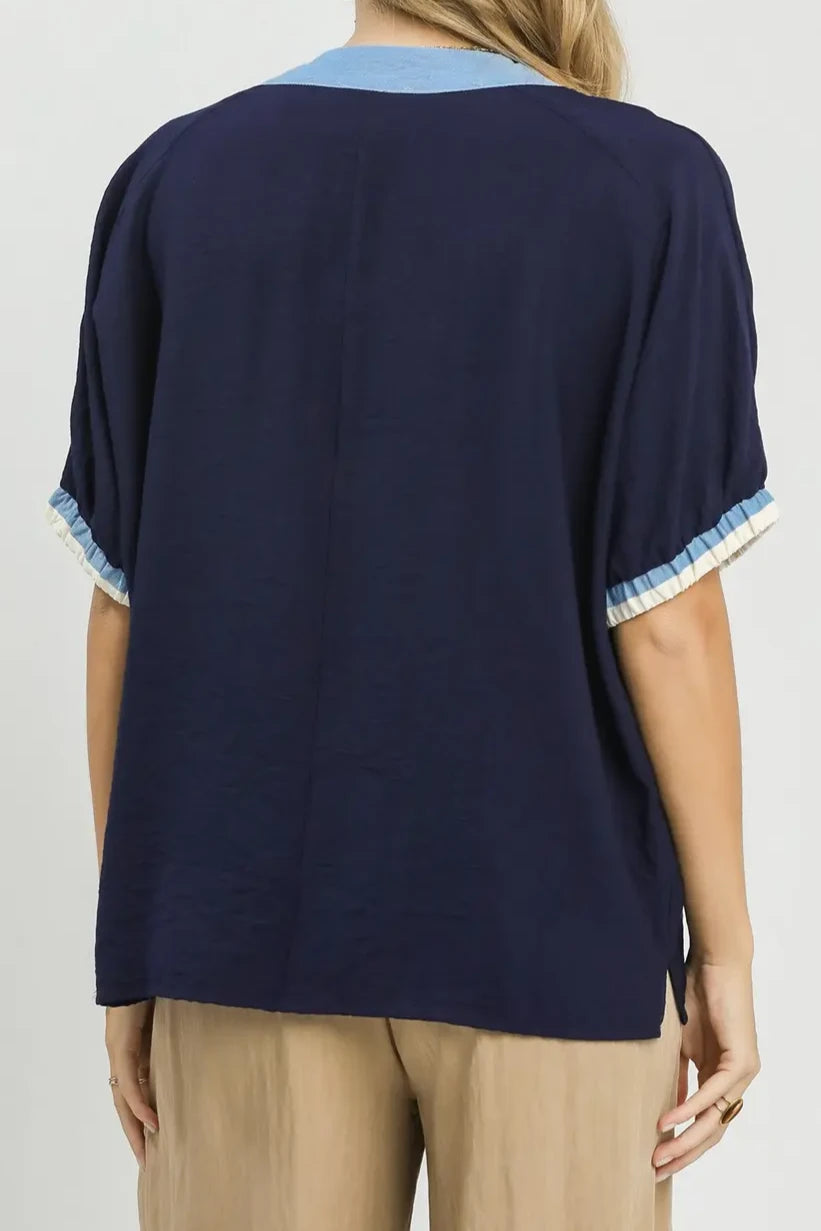 Embroidered Contrast Trim Flowy Top | Navy
