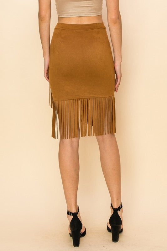 Stud Embellished Suede Fringe Hem Skirt | Camel