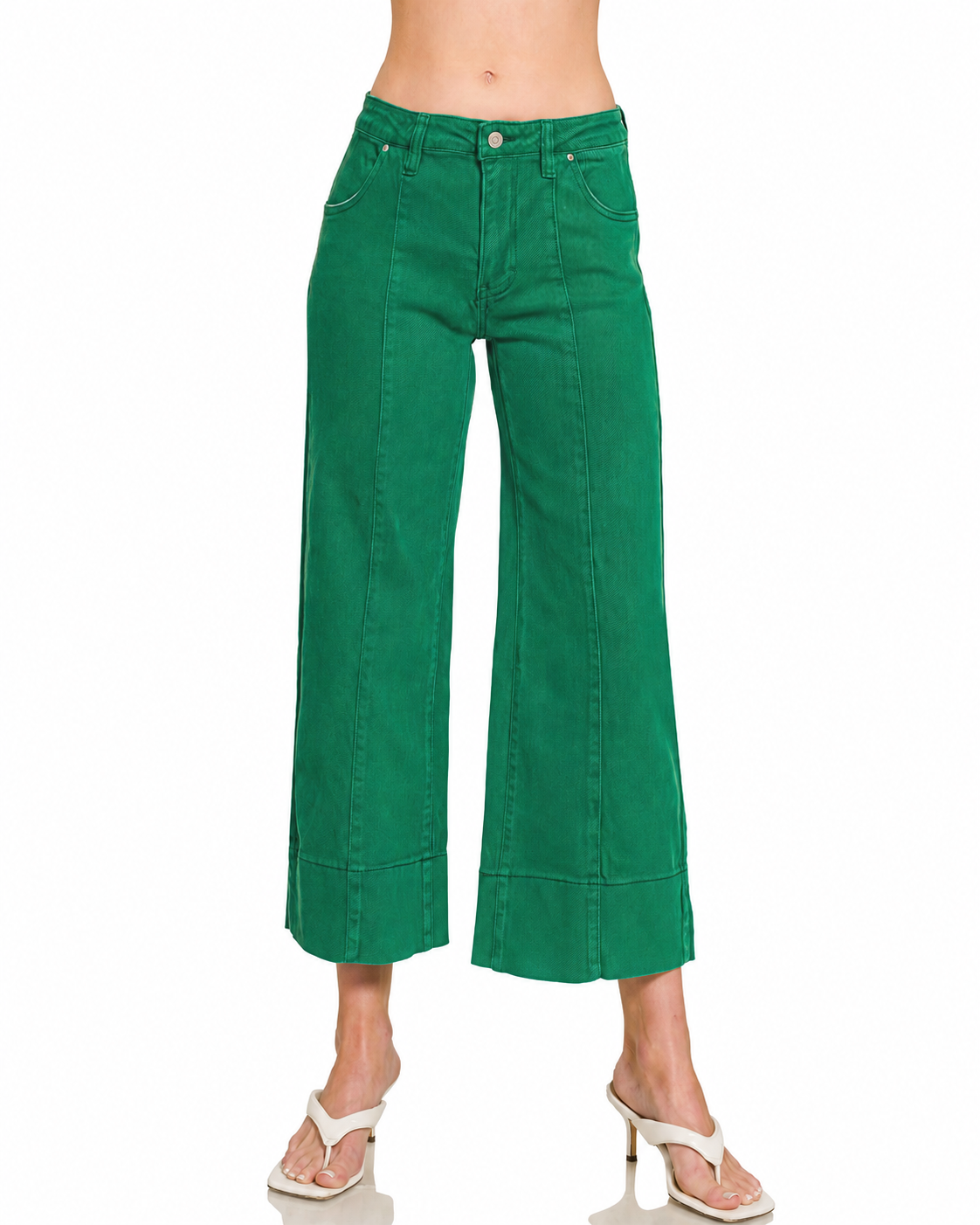 Mid Rise Cropped Wide Leg Denim Pants | Dark Green