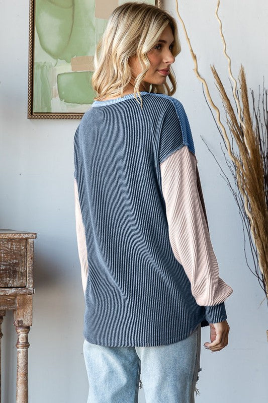 Color Block Rib Button Top | Blue