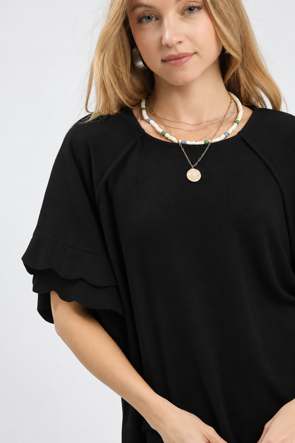 Linen Blend Double Ruffle Sleeve Top | Black