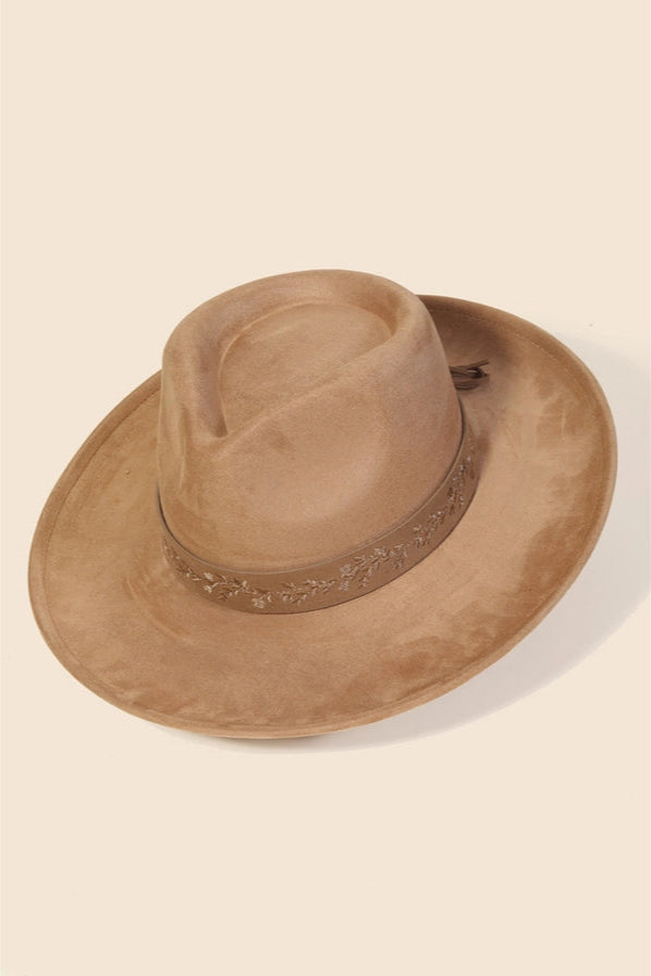 Embroidered Flower Band Flat Brim Hat | Brown