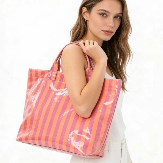 Striped Vinyl Tote Bag | Fuchsia/Orange