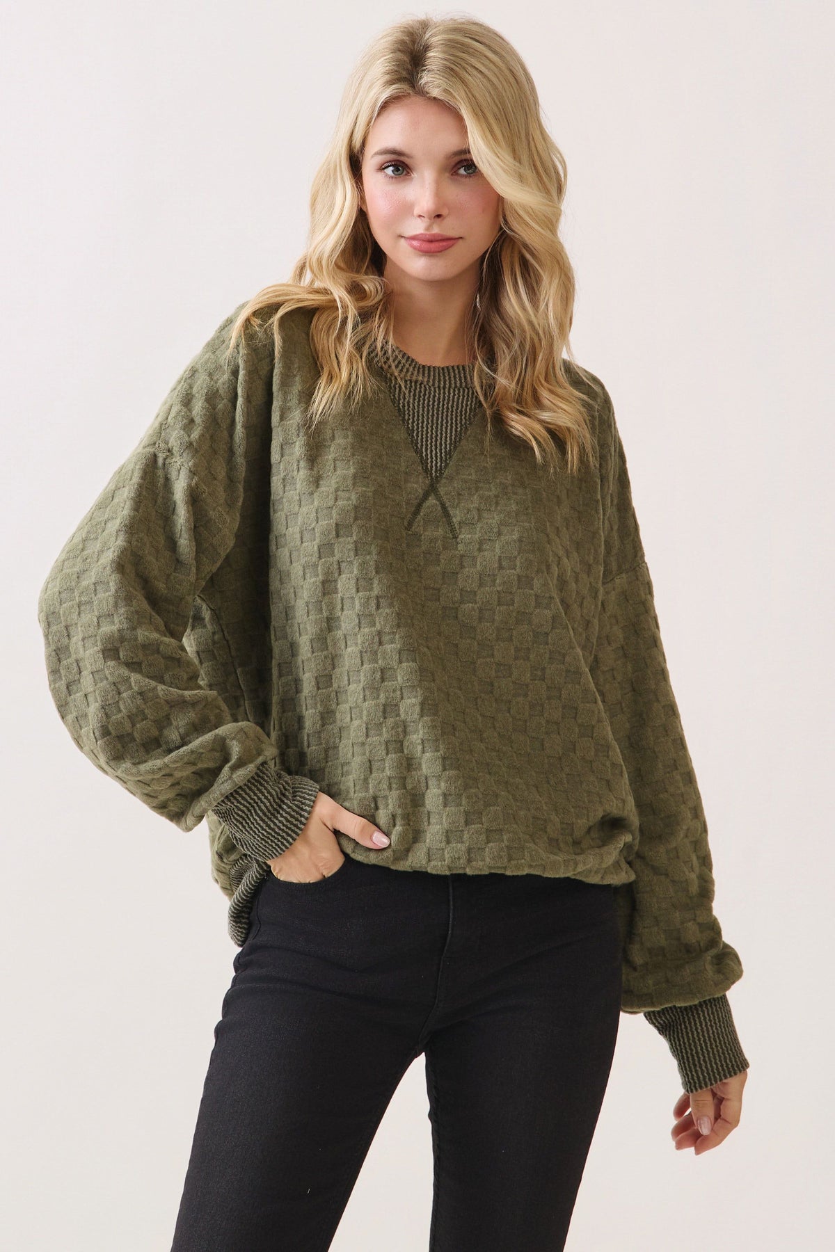 Textured Checker Knit Pullover Top | Olive