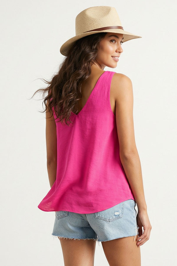 Silky Bubble Puff Strap Detail Tank Top | Hot Pink