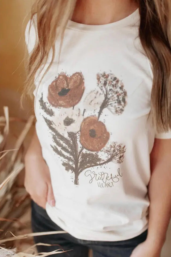 Boho Floral Grateful Heart Tee | Cream