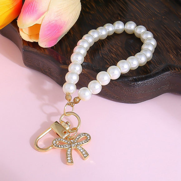 Pearl Stretchy Keychain | Crystal Bow Accent