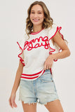 Game Day Ruffle Sleeve Knit Top | White/Red