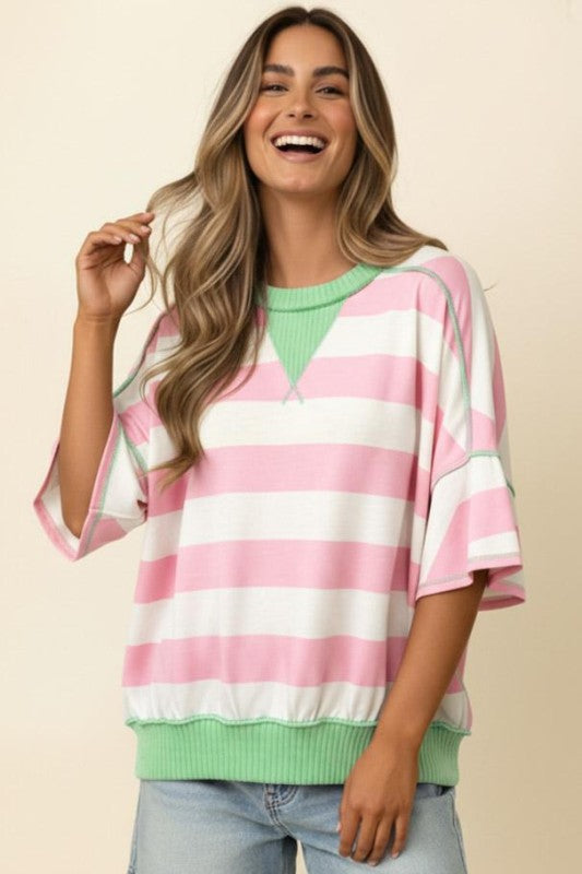 Flutter Elbow Sleeve Stripe Top | Pink/Green