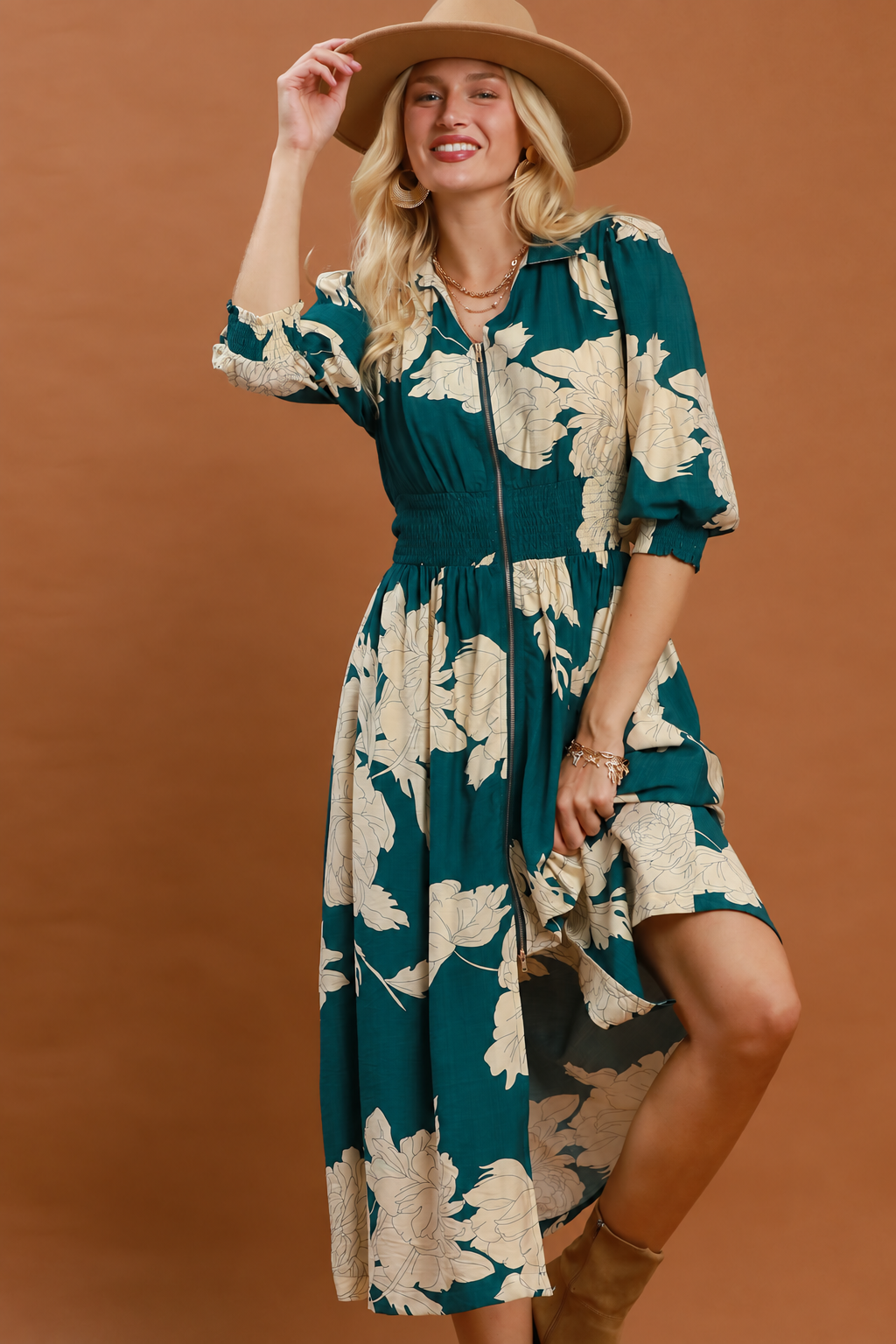 Floral Zip Up Midi Dress | Teal