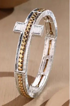 Two Tone Textured Cross Stretch Bracelet | Silver