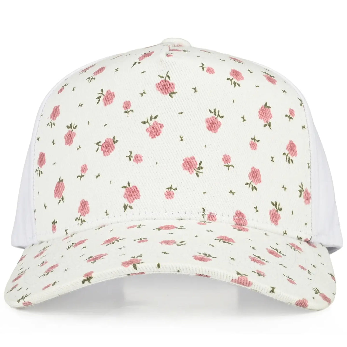 Floral Two Tone Ponytail Trucker Cap | White/Pink