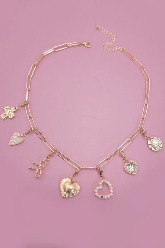 Gold Charm Necklace | Bow Heart Removeable Charms