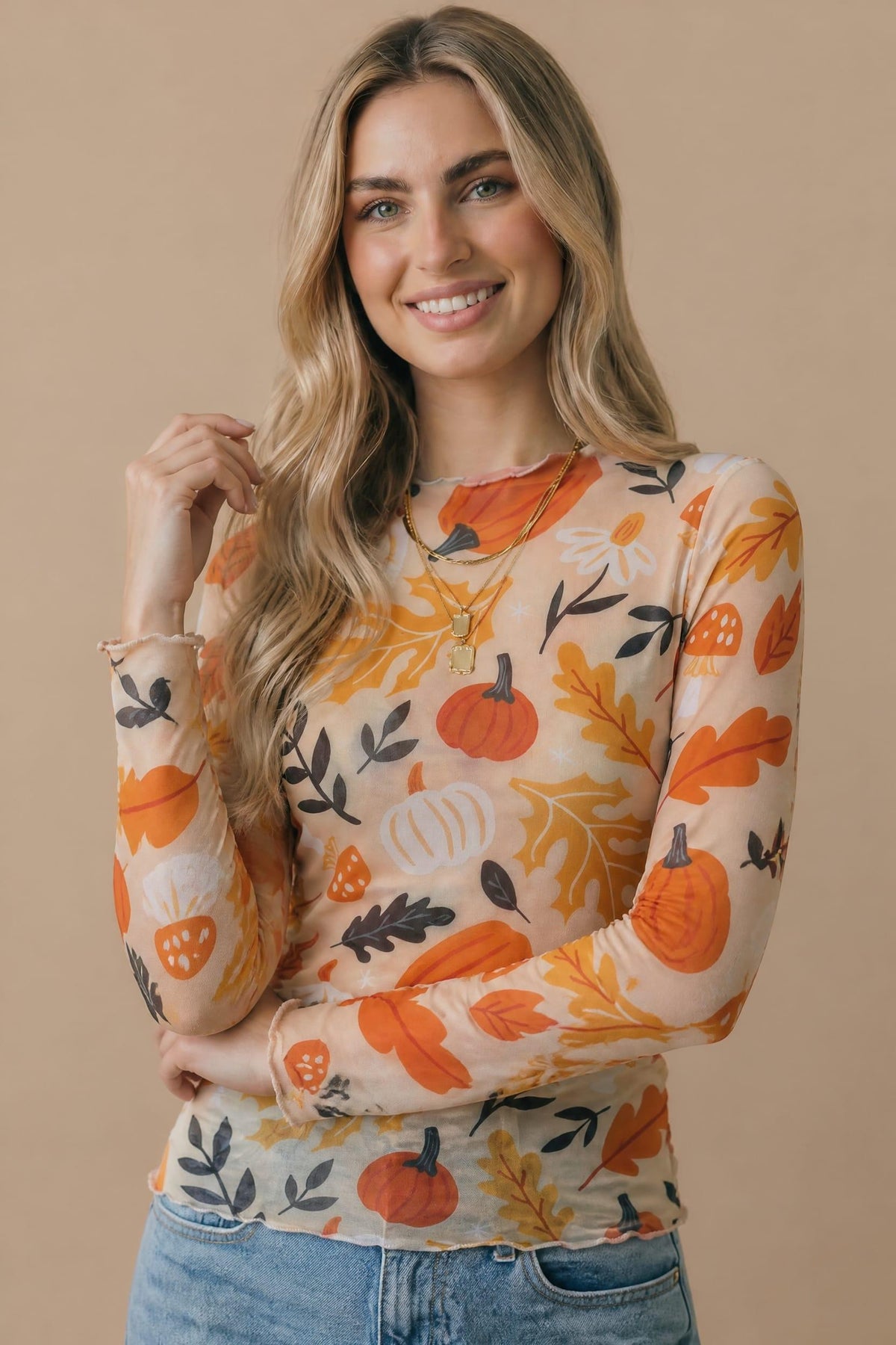Pumpkin Mesh Sheer Top | Cream/Rust