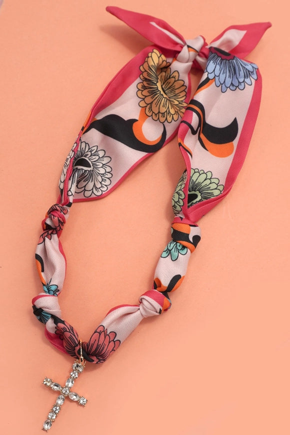 Handmade Scarf Necklace | Pink/Cross